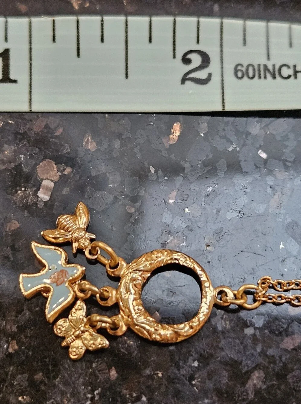 1928 Gold-Tone Circle Necklace with Blue Enamel Bird Bee Butterfly Charms